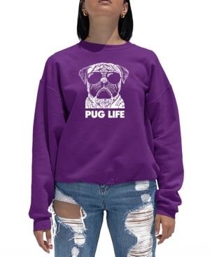 La Pop Art Women's Word Art Pug Life Crewneck Sweatshirt In Purple