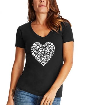 La Pop Art Women's Word Art Paw Prints Heart V-neck T-shirt In Black