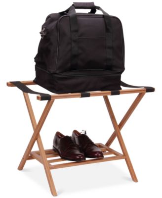 Fully Assembled Folding Luggage Rack with Lower Storage Shelf, Bamboo Frame with Black Straps