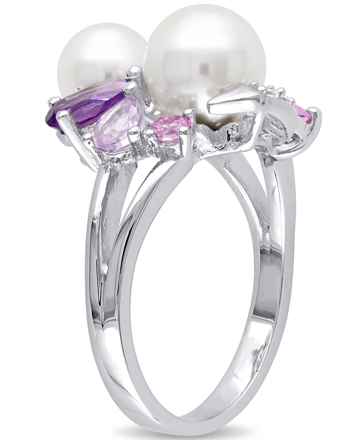 Cultured Freshwater Pearl (6-1/2 & 7-1/2mm) & Multi-Gemstone (1-3/8 ct. t.w.) Cluster Ring in Sterling- Silver