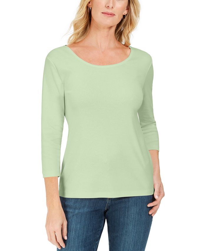 Karen Scott Petite Cotton 3/4-Sleeve Top, Created for Macy's - Macy's