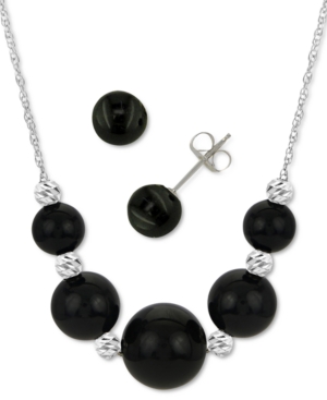 Shop Macy's 2-pc. Set Black Onyx Statement Necklace & Matching Stud Earrings In Sterling Silver
