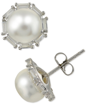 Macy's Cultured Freshwater Pearl (8mm) & White Topaz (3/4 Ct. T.w.) Stud Earrings In Sterling Silver