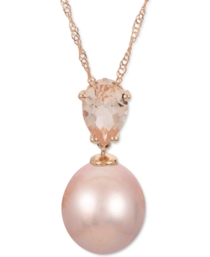 Macy's Pink Cultured Freshwater Pearl (9mm) & Morganite (5/8 Ct. T.w.) 18" Pendant Necklace In 14k Rose Gol
