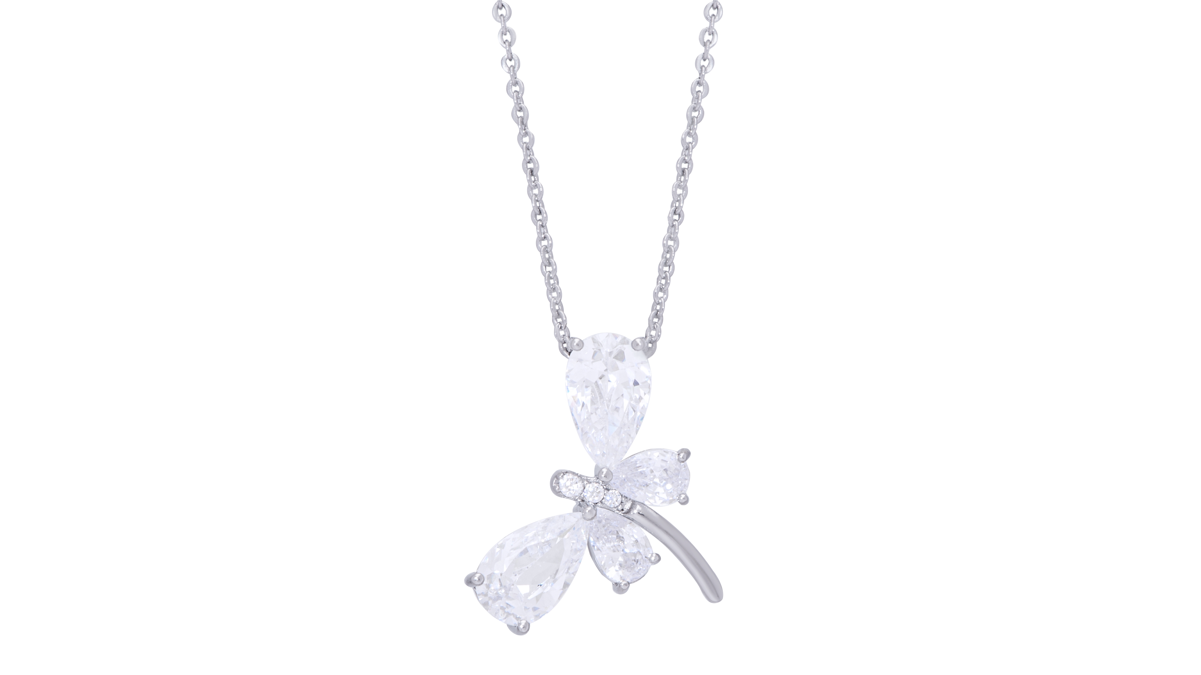 Cubic Zirconia Dragonfly Pendant 18" Necklace in Silver Plate