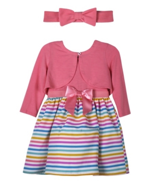 Toddler Girls Solid Cardigan and Printed Multi Stripe 3/4 Sleeves Dress with Bow Head Band