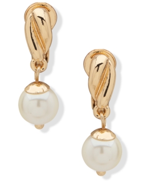 Anne Klein Gold-tone Imitation Pearl Twisted Drop Clip-on Earrings In White