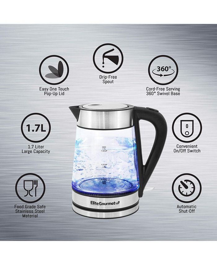 Elite Gourmet Elite Platinum Cordless 1.7L Glass Kettle, Stainless