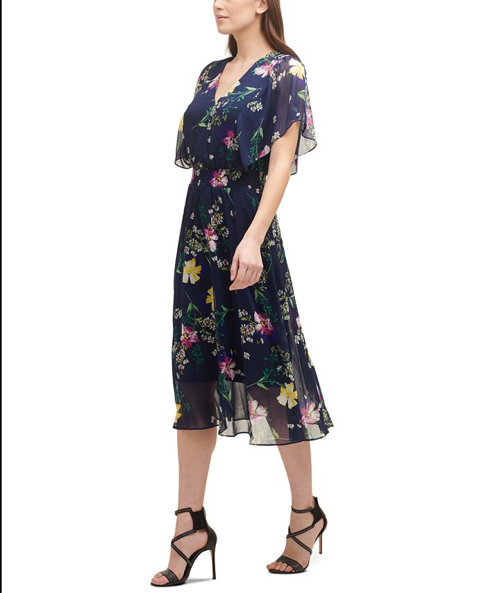 DKNY Floral-Print Smocked-Waist Flutter-Sleeve Midi Dress - Macy's