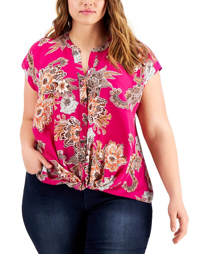 INC International Concepts Plus Size TwistFront MixedMedia Top