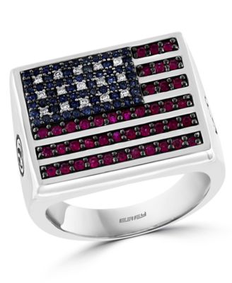 EFFY Collection - Men's Ruby (1 ct. t.w.), Sapphire (1/20 ct. t.w.) & Diamond (1/10 ct. t.w.) Flag Ring in Sterling Silver