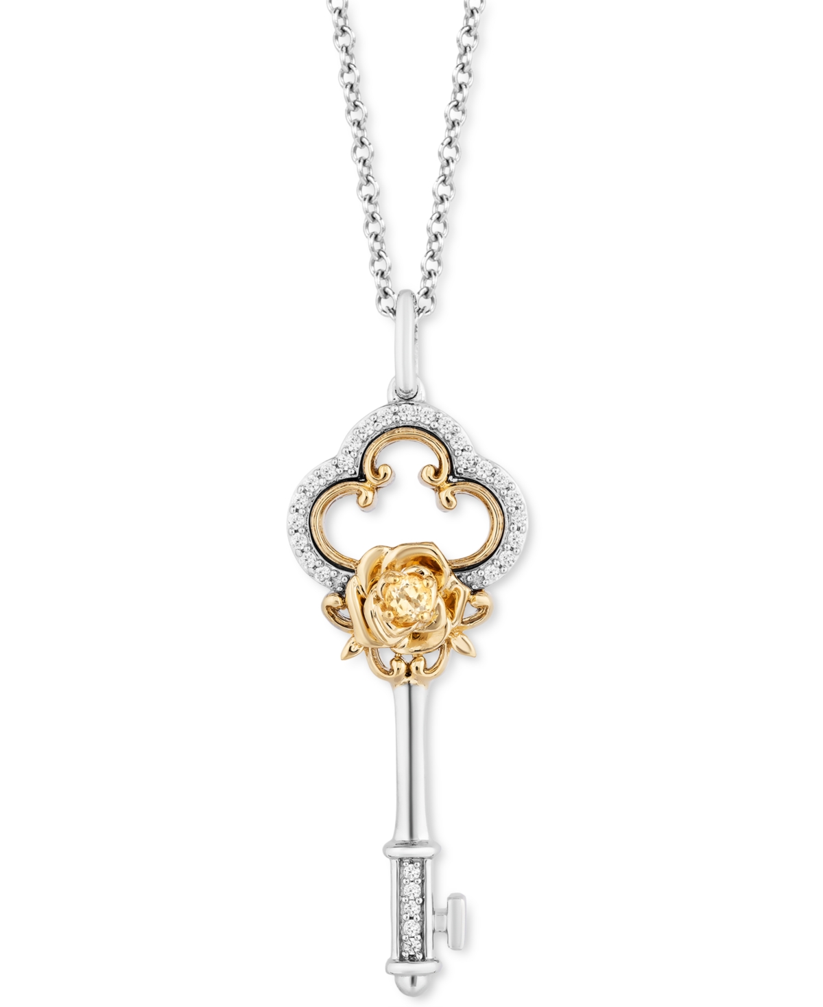 Citrine (1/20 ct. t.w.) & Diamond (1/10 ct. t.w.) Key & Rose 18" Pendant Necklace in Sterling Silver & 14k Gold - Sterling Silver  Yellow Gold
