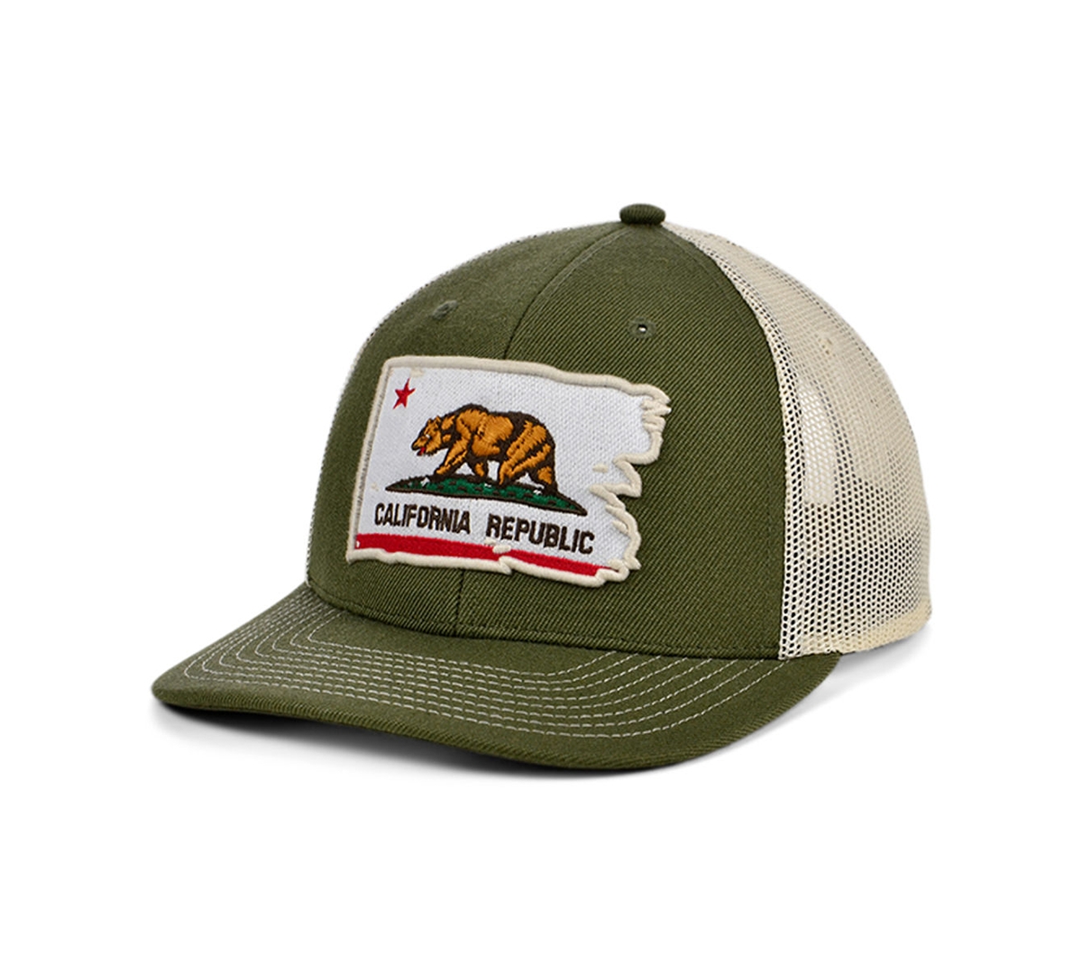 Local Crowns California Torn and Tattered Flag Curved Trucker Cap - Olive