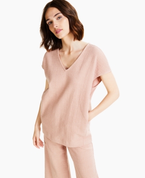 Alfani Solid Cap-Sleeve V-Neck Textured Top Created for Macy's