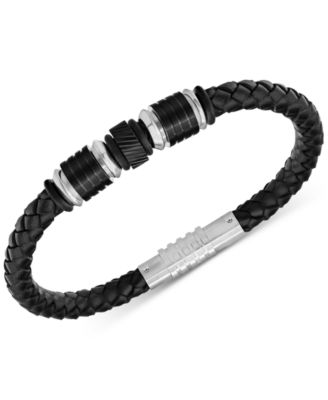Blackjack - Men's Beaded Black Leather Bracelet in Stainless Steel & Black Ion-Plate