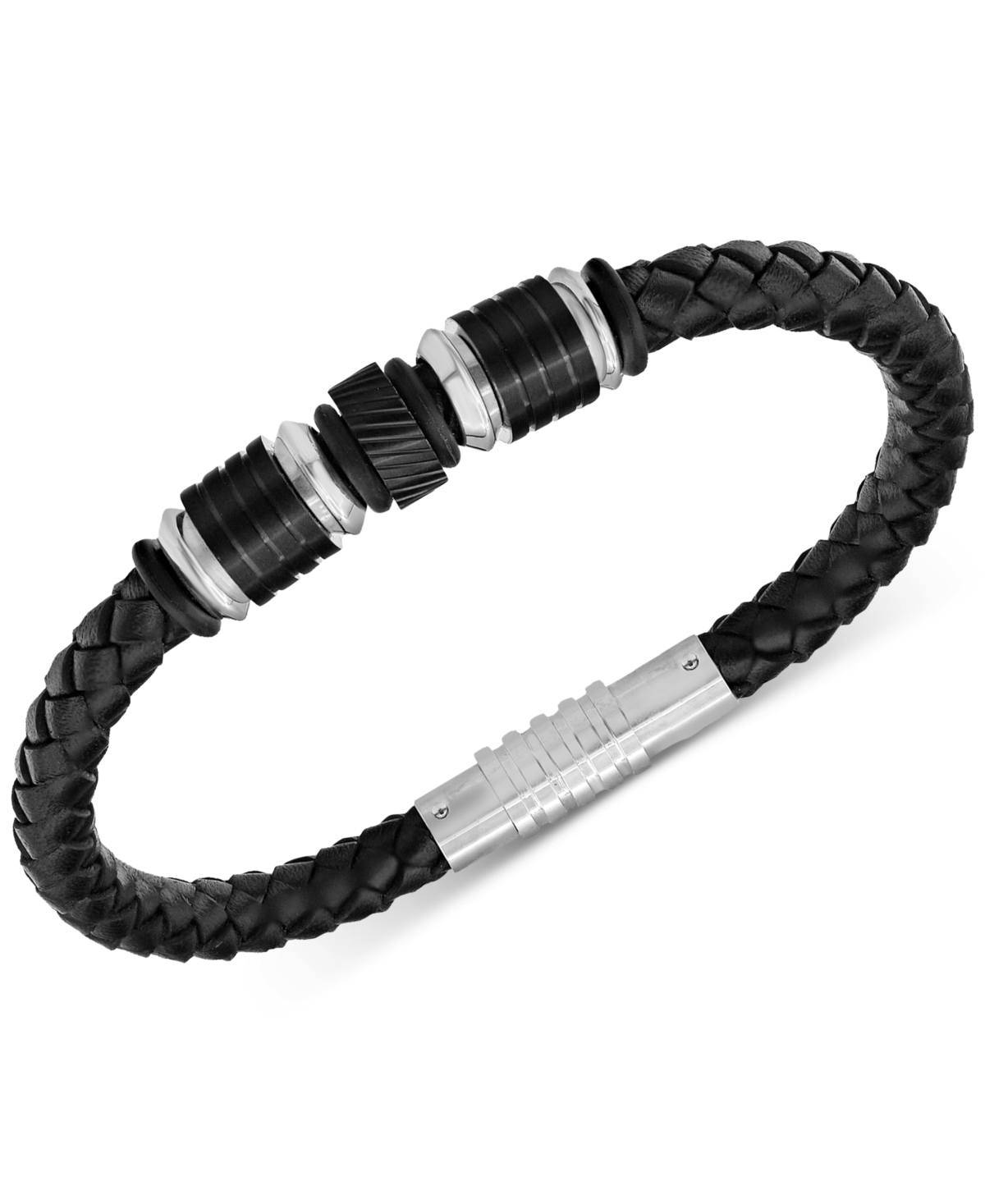 Men's Beaded Black Leather Bracelet in Stainless Steel & Black Ion-Plate - Stainlesss Steel