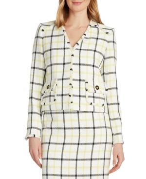 Tahari Asl Windowpane Plaid Fringe-Trim Blazer