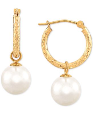 Macy's Cultured Freshwater Pearl (9mm) Dangle Hoop Earrings in 14k Gold -  Macy's