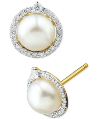 Honora - Cultured Freshwater Pearl (6mm) & Diamond (1/6 ct. t.w.) Halo Stud Earrings in 14k White Gold
