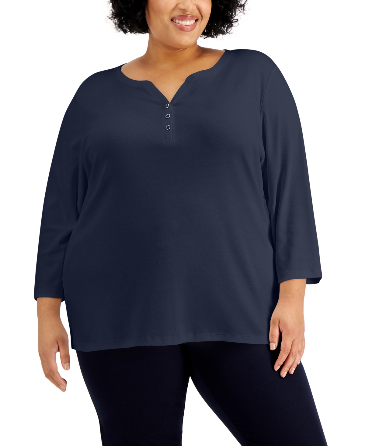 Plus Size 3/4-Sleeve Henley Top, Created for Macy's - Intrepid Blue