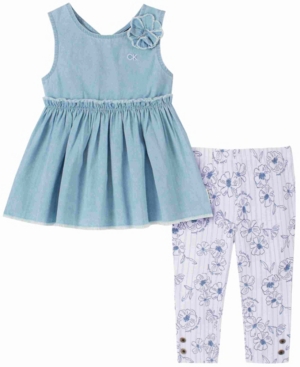 Calvin Klein Little Girls Denim Tunic Top and Print Capri Leggings Set 2 Piece