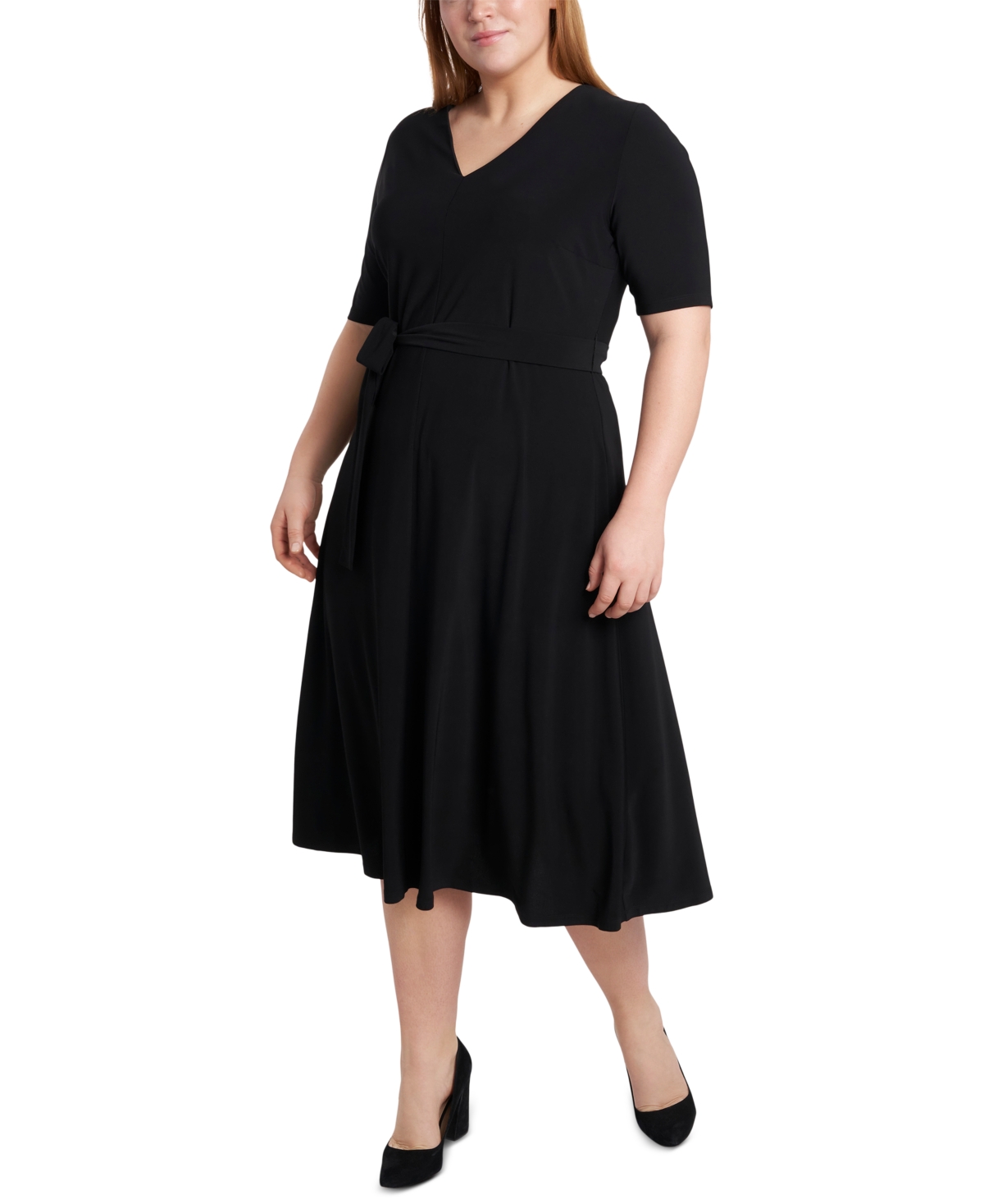 Plus Size Tie-Waist Midi Dress - Black