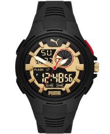 Men's Bold Three-Hand and Digital Black Polyurethane Strap Watch 48mm