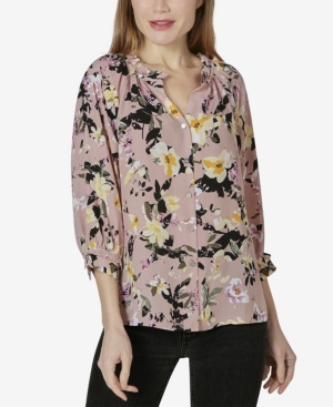 Adrienne Vittadini Women's 3/4 Sleeve Button Up Raglan Top With Ruffle Neck In Sophia Floral