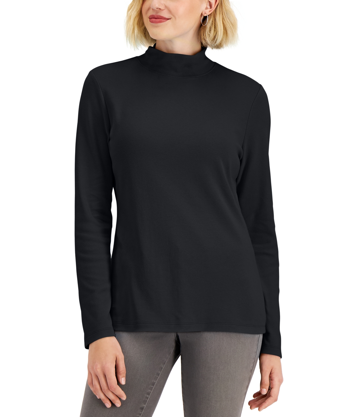 Petite Solid Mock-Neck Top, Created for Macy's - Deep Black