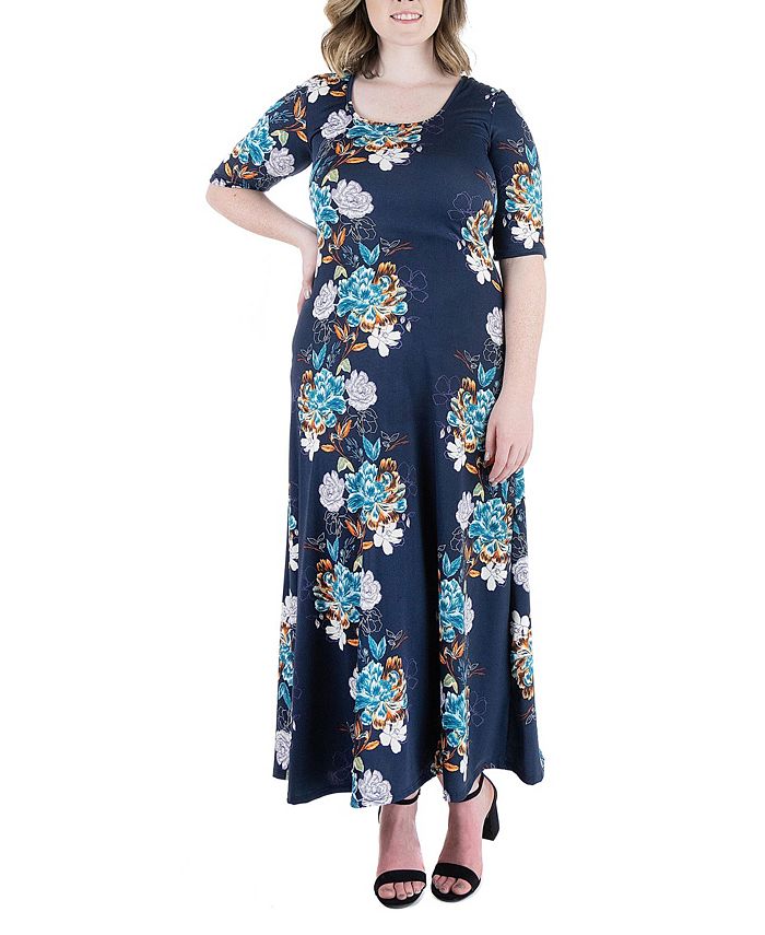 24seven Comfort Apparel Plus Size Floral Elbow Sleeve Maxi Dress - Macy's