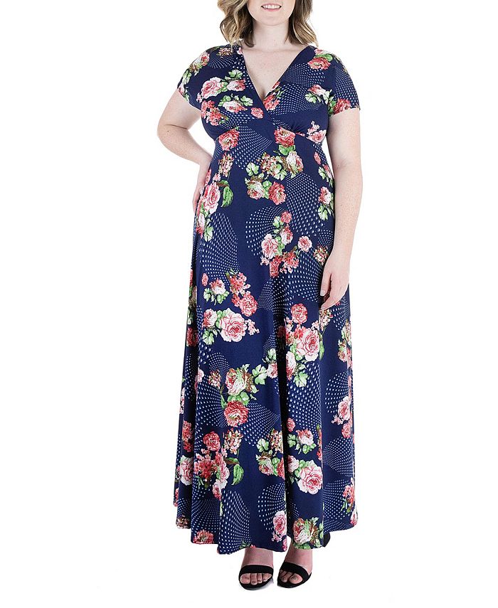 24seven Comfort Apparel Plus Size Floral Cap Sleeve Empire Waist Maxi Dress Macys 