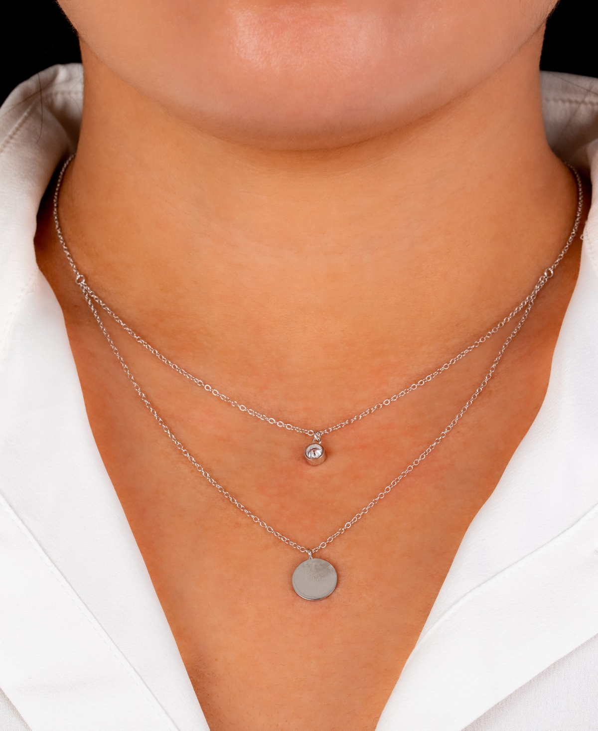 Double Layered + Cubic Zirconia Solitaire and 10mm Disc Chain Necklace in Gold Over Sterling- Silver