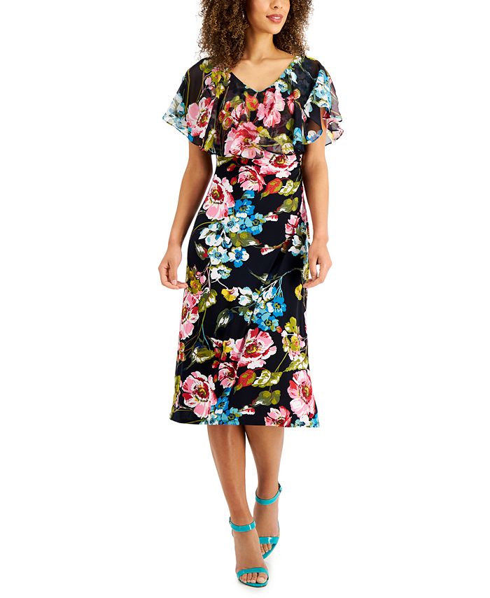 Connected Petite Popover Floral-Print Midi Dress - Macy's