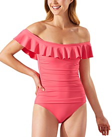 Ruffled Off-the-Shoulder Tummy-Control One-Piece Swimsuit