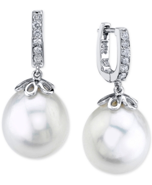 Macy's Cultured Freshwater Pearl (10mm) & Diamond (1/10 Ct. T.w.) Drop Earrings In 14k White Gold In White Gold