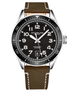 Stuhrling Men's Brown Genuine Leather Strap With White Contrast Stitching Watch 42mm In Black