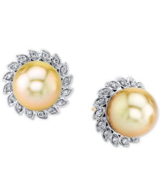 Macy's - Cultured Golden South Sea Pearl (10mm) & Diamond (1/4 ct. t.w.) Stud Earrings in 10k Gold