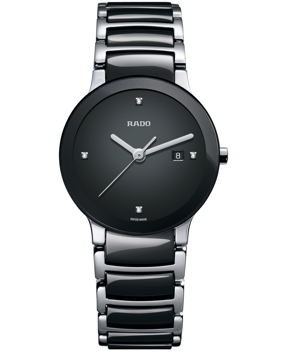 Shop Rado Watch, Women's Swiss Centrix Diamond Accent Stainless Steel And Black Ceramic Bracelet 28mm R3093571 In No Color