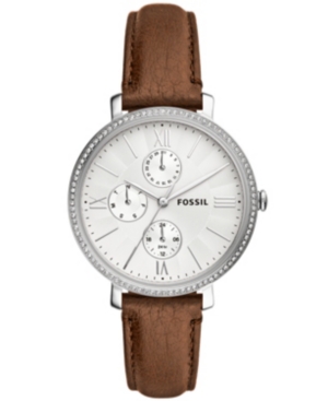 FOSSIL WOMEN'S JAQUELINE SILVER TONE MULTIFUNCTION MOVEMENT, BROWN LEATHER WATCH 38MM