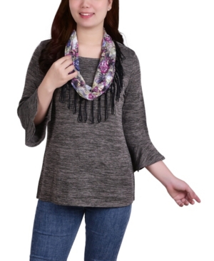 Women's 3/4 Sleeve Top with Detachable Fringed Scarf