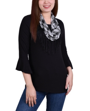 Women's 3/4 Sleeve Top with Detachable Fringed Scarf