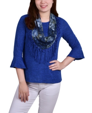 Women's 3/4 Sleeve Top with Detachable Fringed Scarf