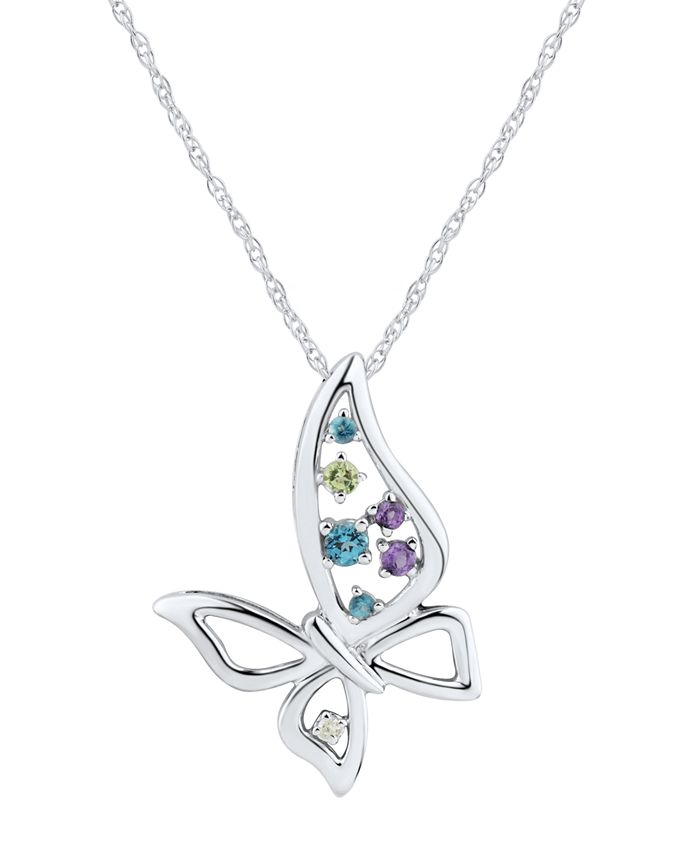 Macy's - Multicolor (1/5 ct. t.w.) & Diamond Accent Openwork Butterfly 18" Pendant Necklace in Sterling Silver