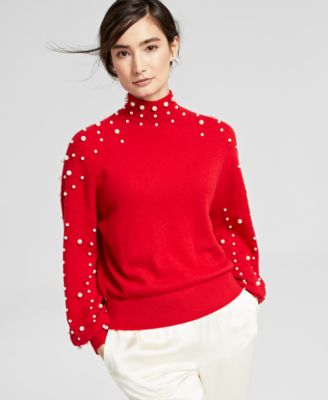 Cashmere Imitation-Pearl Embellished Mock-Neck Sweater, Created for Macy's