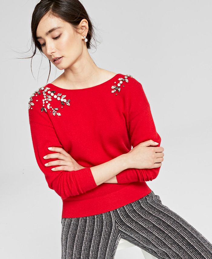 Charter Club Cashmere Embellished TwoWay Sweater, Created for Macy's