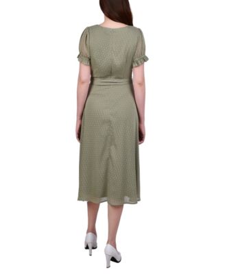 Petite Short Sleeve Belted Swiss Dot Dress