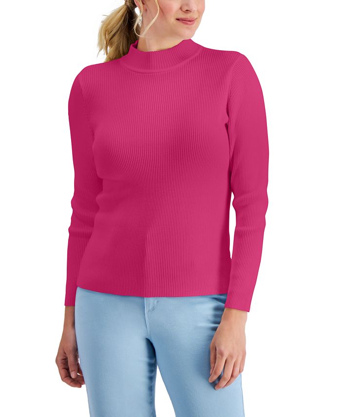 Karen Scott - Cotton Solid Rib Mock-Neck Sweater