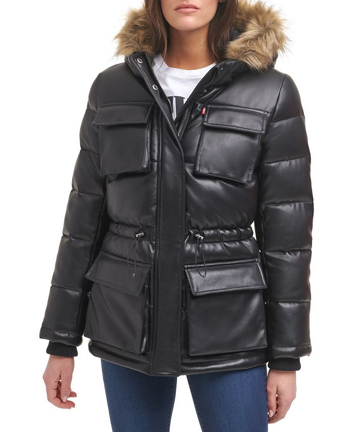 Faux Leather Hooded Puffer Jacket main image 0