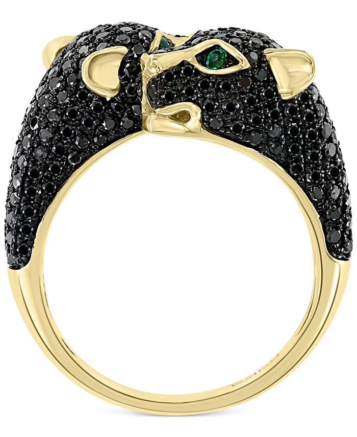 EFFY Collection - Black Diamond (1-1/2 ct. t.w.) & Emerald (1/20 ct. t.w.) Double Panther Head Ring in 14k Gold