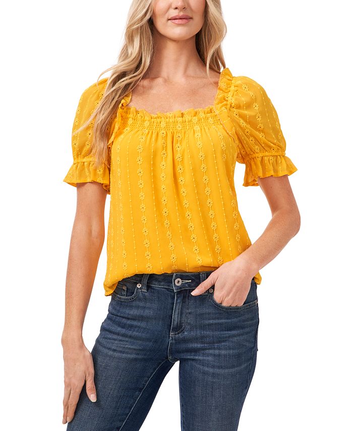 CeCe Floral Chain-Stitched Ruffled Top - Macy's